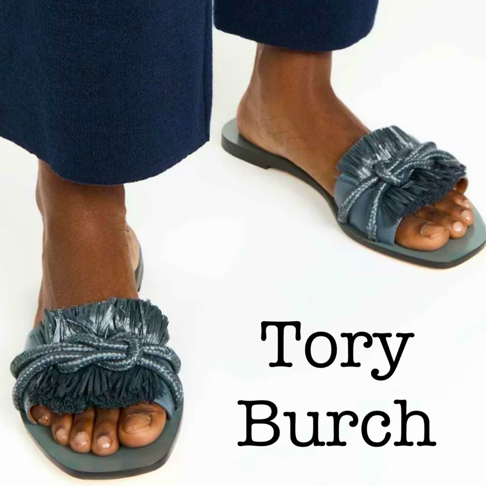 New Tory Burch Raffia Ripe Fringe Blue Leather Sandals Size 6
